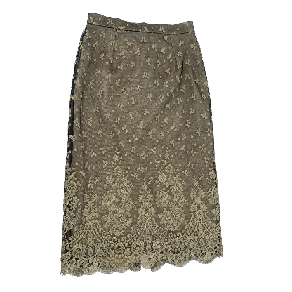 PEGGY JENNINGS Pencil Skirt Lace Overlay Silk Champagne Beige Black  Size Small*
